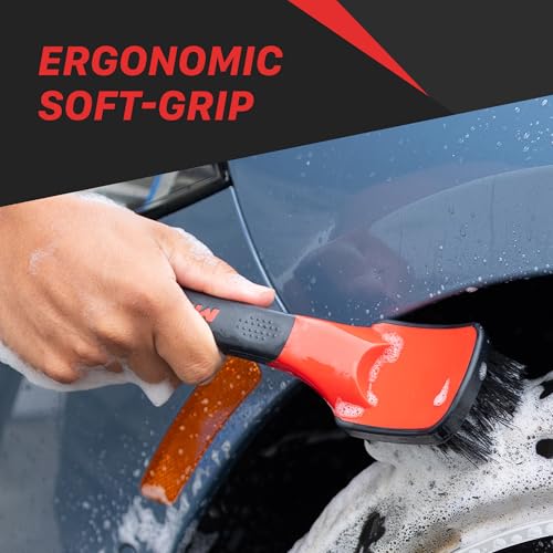 Maxshine Universal Soft Grip Heavy Duty Brush - Ergonomic Short Handle, Anti-Slip Grip, Scratch-Resistant Bumper, Stiff Bristles for Tire, Carpet, Floor Mats & Tough Surface Auto Detailing