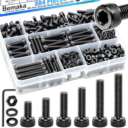 304PCS M5 Screws Kit, M5x8/12/16/20/30/35mm Hex Socket Head Cap Screws Bolts Nuts Washers Kit, 12.9 Grade Alloy Steel Metric Machine Screw for 3D Printing - size: M5 x 8/12/16/20/30/35mm, style: Socket Head