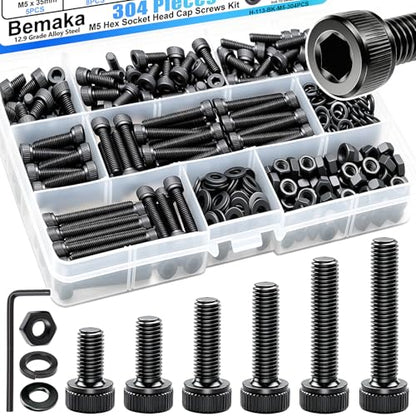 304PCS M5 Screws Kit, M5x8/12/16/20/30/35mm Hex Socket Head Cap Screws Bolts Nuts Washers Kit, 12.9 Grade Alloy Steel Metric Machine Screw for 3D Printing - size: M5 x 8/12/16/20/30/35mm, style: Socket Head