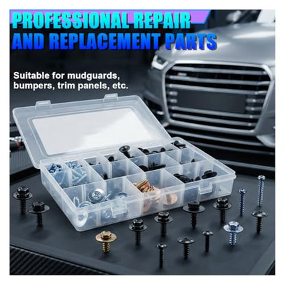 160PCS 14 Sizes Metal Car Screws, Automotive Phillips Round Head Self-Tapping Bumper Hood Retainer Clip Assortment, Universal Vehicle Body Fastener Kit for Liner Splash Shield (Black)