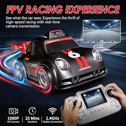 Mini RC Car with Camera, 2.4" Screen FPV Remote Control Car with 8G Card, Rechargeable 360° Drift Kids Small RC Racing Car Dual Control via Remote & App Controlled Vehicles, Follow/Escape/Demo Modes