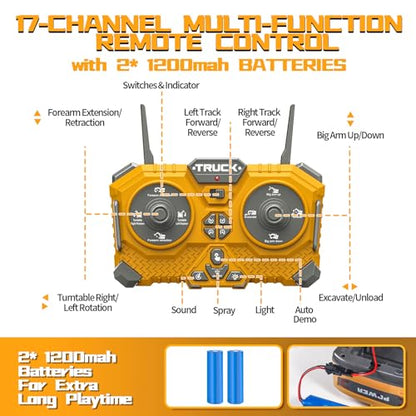 Remote Control Excavator Toy for Boys,17 Channel 1:16 RC Excavator Toys with Metal Shovel/Spray/Lights/Sounds,RC Digger Construction Vehicles Toys Gift for Boys 7 8 9 10 11 12 Year Old Kids