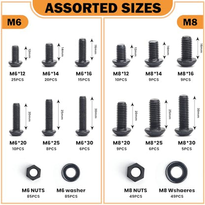 400PCS M6 M8 Button Head Screws Kit, GTERNITY M6-1.0 M8-1.25 Assorted Machine Screws Nuts Washers Alloy Steel Black Oxide Metric Internal Hex Screws Bolts Nuts Washers Set - size: M6 m8 400 B