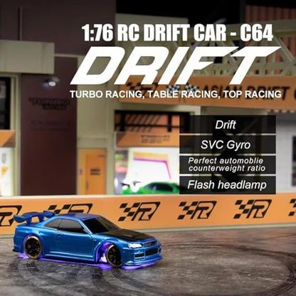 Turbo Racing 1:76 Scale Drift RC Car, Mini Table Racing Model Car with 2.4G Remote Control & Gyro Full Proportional RTR for Adults Hobby Toys Gifts (C64-Blue) - style: C64-Blue
