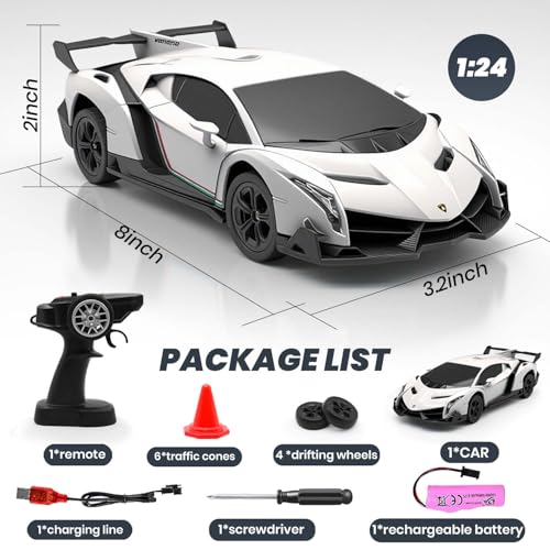 Remote Control Car 1:24 Licensed Lamborghini 2.4G RC Drift Car,white | rc car with LED Lights 2.4GHz 4WD 15KM/H Fast Speed Control Rechargeable Battery 800mah Birthday for Kids Boys 8-12 - color: White