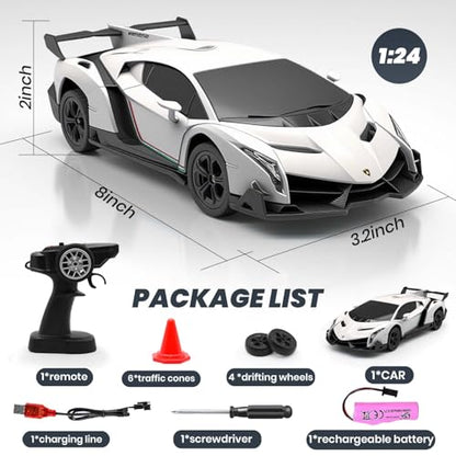 Remote Control Car 1:24 Licensed Lamborghini 2.4G RC Drift Car,white | rc car with LED Lights 2.4GHz 4WD 15KM/H Fast Speed Control Rechargeable Battery 800mah Birthday for Kids Boys 8-12 - color: White
