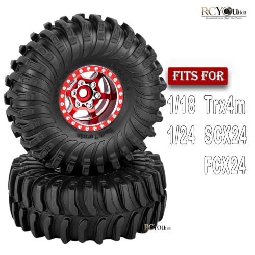 RC 1.0 Beadlock Wheels Tires Set for 1/24 SCX24 FCX24 1/18 Trx4m RC Crawler Car,Aluminum Wheel Rims/Soft Rubber Tires Wheel Tire,(4PCS) 1.0 Beadlock Wheels,Red - color: Red- (Wheel Tires)