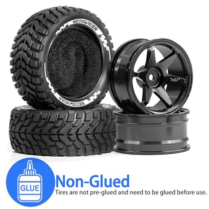 REDSPIDER Aluminum Alloy 1/10 On-Road Rally Wheel Tires 2.95" OD 12mm Hex for 1/10 Tamiya TT01 TT02 XV02 XV01 WLtoys HSP Kyosho WR8 RedCat Sakura HPI (Black) - color: Black