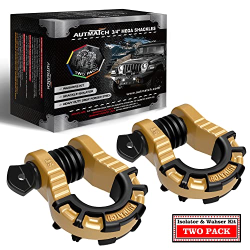 AUTMATCH D Ring Shackles 3/4" Mega Shackle (2 Pack) 68,000Ibs Break Strength - Heavy Duty Clevis Shackles with 7/8" Screw Pin and Isolator Washer for Tow Strap Winch Off Road Vehicle Recovery, Gold - color: Gold & Black