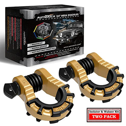 AUTMATCH D Ring Shackles 3/4" Mega Shackle (2 Pack) 68,000Ibs Break Strength - Heavy Duty Clevis Shackles with 7/8" Screw Pin and Isolator Washer for Tow Strap Winch Off Road Vehicle Recovery, Gold - color: Gold & Black