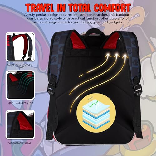 AI ACCESSORY INNOVATIONS Sonic The Hedgehog Backpack for Boys & Girls, Shadow 16 Inch Schoolbag with Die-cut Metallic Gold Ring Pocket, Black - color: Shadow Rings
