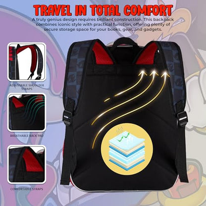 AI ACCESSORY INNOVATIONS Sonic The Hedgehog Backpack for Boys & Girls, Shadow 16 Inch Schoolbag with Die-cut Metallic Gold Ring Pocket, Black - color: Shadow Rings