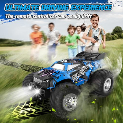 All-Terrain Remote Control Car for Boys 8-12 Headlight Christmas | Monster Remote Control Truck Rechargeable, 2 Motors 10KM/H 2.4GHZ Speed-friendly, Sturdy RC Cars for Christmas Beginner Kids - color: Blue