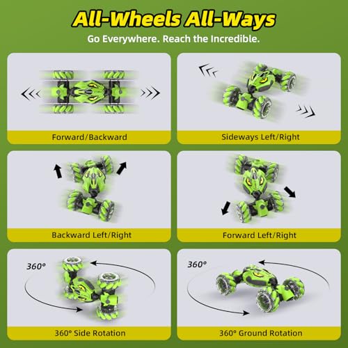 Unique 4WD High Speed RC Cars, Gesture Sensing Remote Control Cars for Boys 8-12, Double‑Sided Driving RC Drift Car, 360° Rotating Stunt Car Toys, Outdoor Toys for Kids Ages 6 7 8 9 10 11 12 Year Old - color: Green