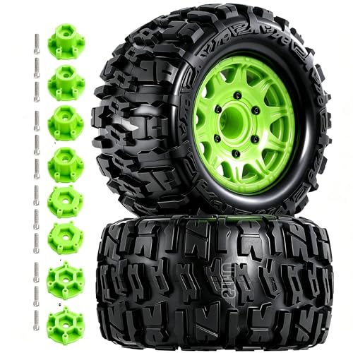 STMU 12mm/14mm Hex RC Wheels & Tires Set for 1/10 RC Trucks - Compatible with Traxxas Rustler, Stampede, Hoss 2WD/4X4 VXL, Arrma, Redcat, RIAARIO, AMORIL Green, 4PCS - color: Green