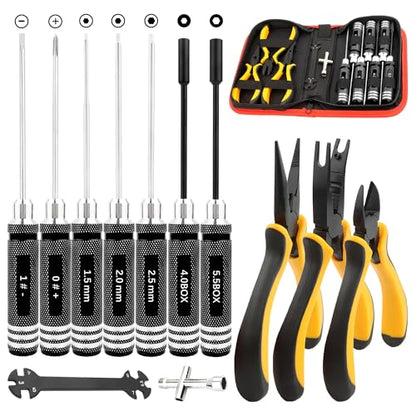 12 Pieces RC Car Repair Tool Kit with Hex Phillips Flat Screwdrivers, Pliers, Spanners, Wrenches–Hobby Tool Set Compatible with RC Car Drone Helicopter Airplane Boat Multirotor Models(Black) - color: Black