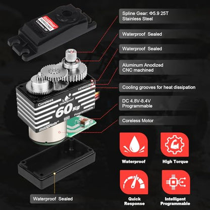 HobbyPark Waterproof RC Steering Servo High Torque 60kg Coreless Motor Standard Size HV 4.8-8.4V Metal Gears for 1/8 1/10 RC Car Truck Buggy Robotics Programmable 180° Upgrades Parts