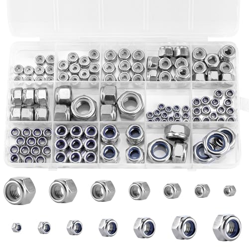 135 Pack 304 Stainless Steel A2-70 Nylon Insert Lock Nuts, SAE & Metric | M3 M4 M5 M6 M8 M10 M12 #6-32 #8-32 #10-24 1/4-20 5/16-18 3/8-16 1/2-13, Anti-Loose for Industrial & Home Fastening - color: Silver, size: Metric&SAE