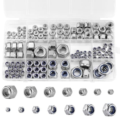 135 Pack 304 Stainless Steel A2-70 Nylon Insert Lock Nuts, SAE & Metric | M3 M4 M5 M6 M8 M10 M12 #6-32 #8-32 #10-24 1/4-20 5/16-18 3/8-16 1/2-13, Anti-Loose for Industrial & Home Fastening - color: Silver, size: Metric&SAE