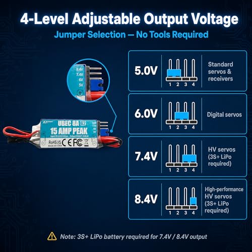 ZTW UBEC 8A G2 External BEC 2-8S LiPo (7-34V) 15A Peak Adjustable Output 5.0V/6.0V/7.4V/8.4V for RC Airplane Helicopter FPV Car Boat