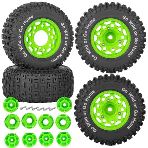 RC Truck Wheels Tires 12mm/14mm/17mm Hex for 1/10 Arrm a Senton/Slash 2WD 4WD 4×4/Axia1/Redca t/Rc4w d,w/Detachable Replace Running on Off-Road Tire RC Wheel Hex,Wheels and Tires,Green - color: Green- (Wheel Tires)