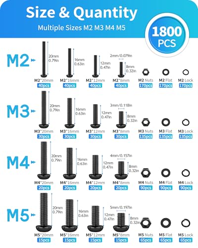 1800PCS Metric Screw Assortment, Metric Bolt Assortment Kit M2 M3 M4 M5 Machine Screws with Lock & Flat Washers, Grade 10.9 Alloy Steel Hex Socket Button Head Black Screws Nuts and Bolts Kit (Black) - size: M2M3M4M5 1800PCS