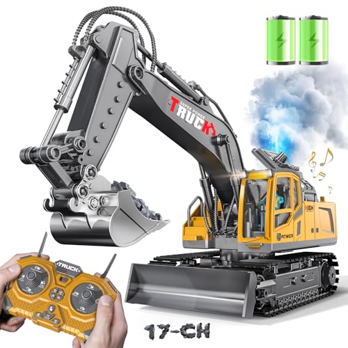 Remote Control Excavator Toy for Boys,17 Channel 1:16 RC Excavator Toys with Metal Shovel/Spray/Lights/Sounds,RC Digger Construction Vehicles Toys Gift for Boys 7 8 9 10 11 12 Year Old Kids