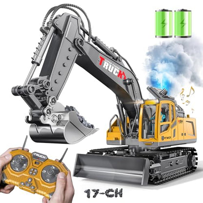 Remote Control Excavator Toy for Boys,17 Channel 1:16 RC Excavator Toys with Metal Shovel/Spray/Lights/Sounds,RC Digger Construction Vehicles Toys Gift for Boys 7 8 9 10 11 12 Year Old Kids