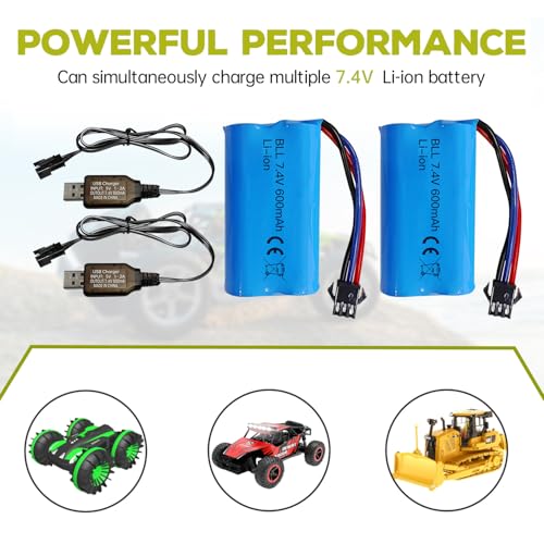 sea jump 2PCS 7.4V 600mah 2S Li-ion Battery with SM-3P Plug and USB Charging Cable Suitable for DE82 TK3086B G20601 RC Toy RC Car TK-3082B Special Effects Flipping Car Battery