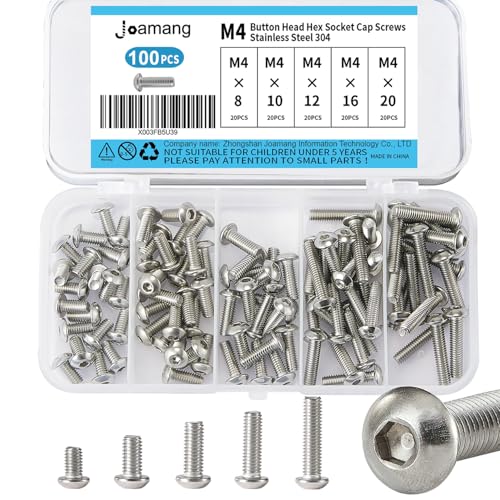 M4 x 8mm 10mm 12mm 16mm 20mm Button Head Socket Cap Screws Bolts, Stainless Steel 304, Metric Allen Hex Drive, Bright Finish, Fully Threaded, Assortment Kit 100PCS - size: Button M4x8-20 mm