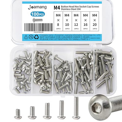 M4 x 8mm 10mm 12mm 16mm 20mm Button Head Socket Cap Screws Bolts, Stainless Steel 304, Metric Allen Hex Drive, Bright Finish, Fully Threaded, Assortment Kit 100PCS - size: Button M4x8-20 mm