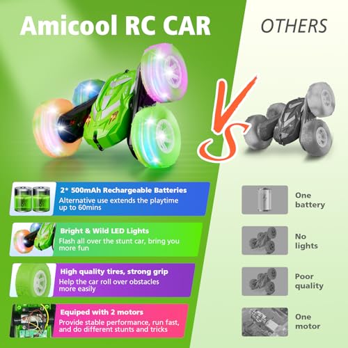 Amicool Remote Control Car for Boy 6-12 with Flashing Light, 6 7 8 9 Years Old Boy Toys, Race RC Cars Stunt Drift 4WD 2.4Ghz Double Sided 360° Flip, Boys Gift Idea for Kids Birthday Christmas, Green - color: Green