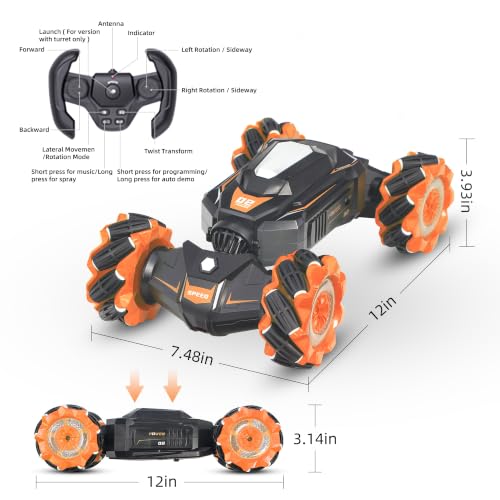Rc Car Shoot SoftBullet,Fits for Nerf, Remote Control Hand Gesture Stunt Drift Truck, 360°Rotating Battle Tanks with Soft Bullets Water Bomb, Spray, Music, Led, Toy Gifts（Orange） - color: Orange