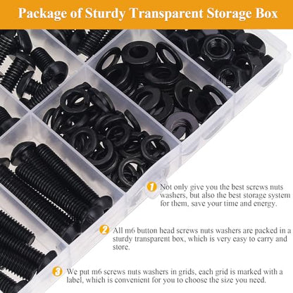 151 Pieces M6 Screws Nuts Washers Set Black, Sutemribor M6 x 8/10/12/16/20/25/30mm Button Head Socket Cap Screws Nuts Washers Assortment Kit, 10.9 Grade Alloy Steel, Fully Threaded - size: M6, style: Button Head Socket Cap