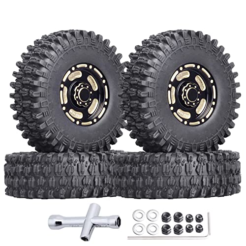HobbyPark Brass 1.0 Beadlock Wheels & Tires for 1/18 TRX4M Upgrades Parts 1/18 SCX24 1/24 RC Crawler Replacement, Set of 4 (Type A) - style: Type A
