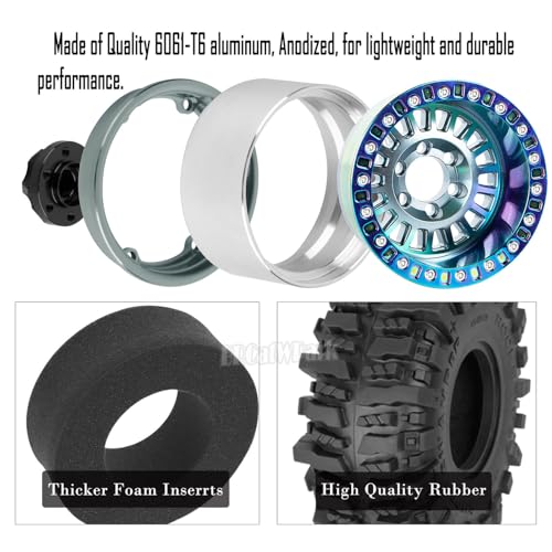 Aluminum RC 1.9 Wheel Tires for 1/10 SCX10 SCX10 II 90046 SCX10 III AXI03007 SCX10 Pro TRX4 TRX6 Gen7/8 D90 VS4-10 MST CFX RC Crawler Car,4pcs RC 1.9 Beadlock Wheel,Titanium - color: Titanium - (Colorful Tires)