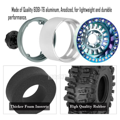 Aluminum RC 1.9 Wheel Tires for 1/10 SCX10 SCX10 II 90046 SCX10 III AXI03007 SCX10 Pro TRX4 TRX6 Gen7/8 D90 VS4-10 MST CFX RC Crawler Car,4pcs RC 1.9 Beadlock Wheel,Titanium - color: Titanium - (Colorful Tires)