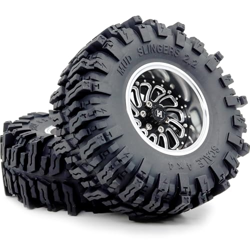 Adjustable Offset 2.2 Beadlock Wheels and Tires Set, 124mm Tall Mud Slingers 2.2 Tires and Wheels for RC Crawler Gen8 Everest 10 SCX10 Capra Upgrades,HS701584 - color: Silver & Black
