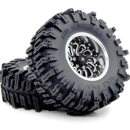 Adjustable Offset 2.2 Beadlock Wheels and Tires Set, 124mm Tall Mud Slingers 2.2 Tires and Wheels for RC Crawler Gen8 Everest 10 SCX10 Capra Upgrades,HS701584 - color: Silver & Black