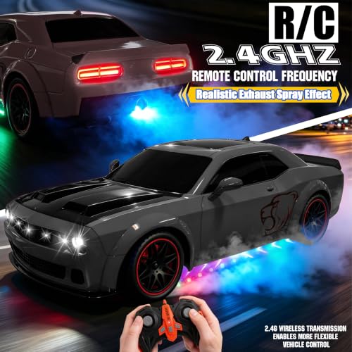 Remote Control Car 1:14 Scale RC Cars with Spray Effect, LED Lights & Realistic Sound, 2.4GHz Racing Toy with Controller, Christmas Birthday Gift for 3-9 Year Old Boys Girls (Gray)