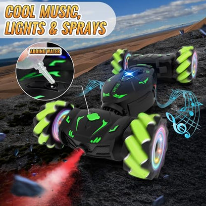 Pristar Gesture RC Car Toys for Boys 6-12, Gifts for Kids Aged 6-12 | RC Sensing Stunt Car with Cool Spray Lights Music, 2.4Ghz Remote Control Car Double Sided Flip 360° Rotate 4WD Off-Road - color: Green-black