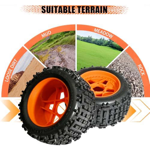 3.8" MT Monster Truck All Terrain Tires with Foam Insert - 17mm/14mm/12mm Hex Adapters Included for TRAXXAS Sledge ARRMA Kraton Outcast Tamiya HSP (Set of 4) Replacement Part of AR510092 - color: Orange