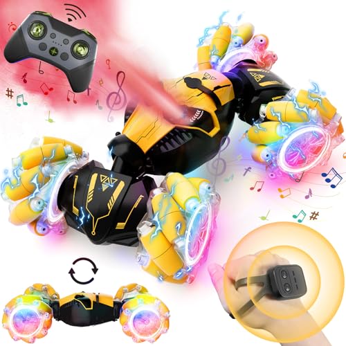 Remote Control Car for Boys 8-12, 4WD Gesture Sensing RC Stunt Car 2.4Ghz with Lights Music Sprayer RC Cars for Boys Age 4-7 8-12 Hand-Controlled Cars Toys Birthday Gifts for Kids Girls Yellow - color: Yellow