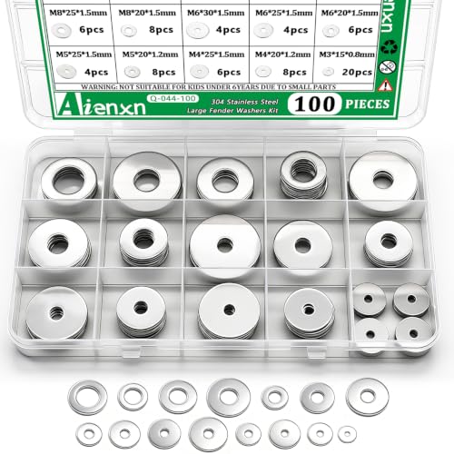 100PCS 304 Stainless Steel Fender Washer Assortment Kit, Washers for Bolts, 15 Metric Sizes Fender Washers for Screws -M3, M4, M5, M6, M8, M10, M12 for Home & Industrial Usage - size: M3-M12 (100PCS), style: Fender Washer