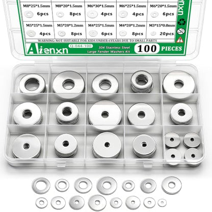 100PCS 304 Stainless Steel Fender Washer Assortment Kit, Washers for Bolts, 15 Metric Sizes Fender Washers for Screws -M3, M4, M5, M6, M8, M10, M12 for Home & Industrial Usage - size: M3-M12 (100PCS), style: Fender Washer