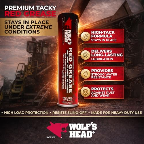 Wolf’s Head Red Grease NLGI #2 (836-88301-91) Premium Tacky Red Grease for Long-Lasting Lubrication, High Temp Protection & Heavy Duty Wheel Bearing/Chassis Use – Made in USA – 14 oz Tube, Pack of 10 - size: 14 Ounce Tube (Pack of 10)