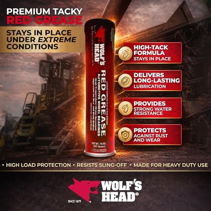 Wolf’s Head Red Grease NLGI #2 (836-88301-91) Premium Tacky Red Grease for Long-Lasting Lubrication, High Temp Protection & Heavy Duty Wheel Bearing/Chassis Use – Made in USA – 14 oz Tube, Pack of 10 - size: 14 Ounce Tube (Pack of 10)