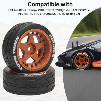 1/10 RC On Road Wheels and Tires, daitoku 12mm Hex RC Rally Racing Car Tires for HPI Ken Block's Tamiya XV01 TT01 TT02B Kyosho FAZER MK2 Lc Racing PTG HSP RGT RC 3RACING D5 (Orange) - color: Orange