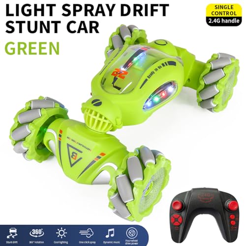 HUIOP Stunt Car 2.4GHz Car Spray Car with Function Lateral Movement,Breathing Light,Deformation,Double-Sided Driving,Wrist Watch-Dual - color: Green, size: 1 battery