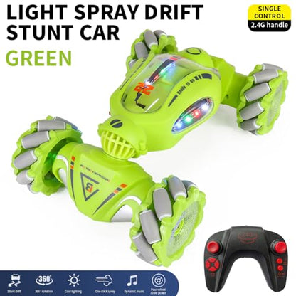 HUIOP Stunt Car 2.4GHz Car Spray Car with Function Lateral Movement,Breathing Light,Deformation,Double-Sided Driving,Wrist Watch-Dual - color: Green, size: 1 battery